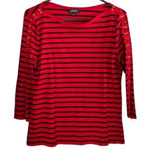 RALPH LAUREN Nautical Red Striped Lace Up Sleeves Boatneck Top ~ Women's XL